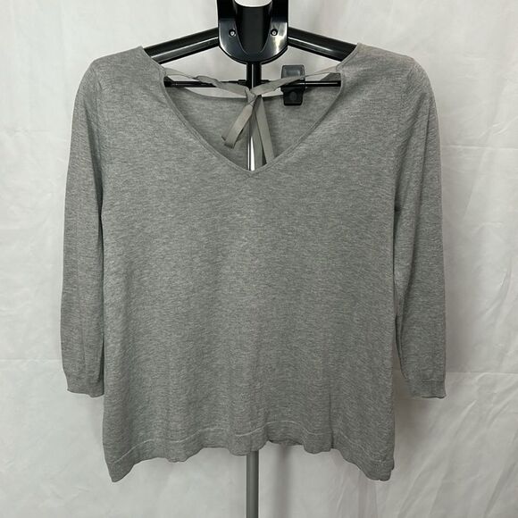 Garnet Hill Heathered Grey Silk Cotton Blend Knit Top Tie Back - Picture 6 of 8